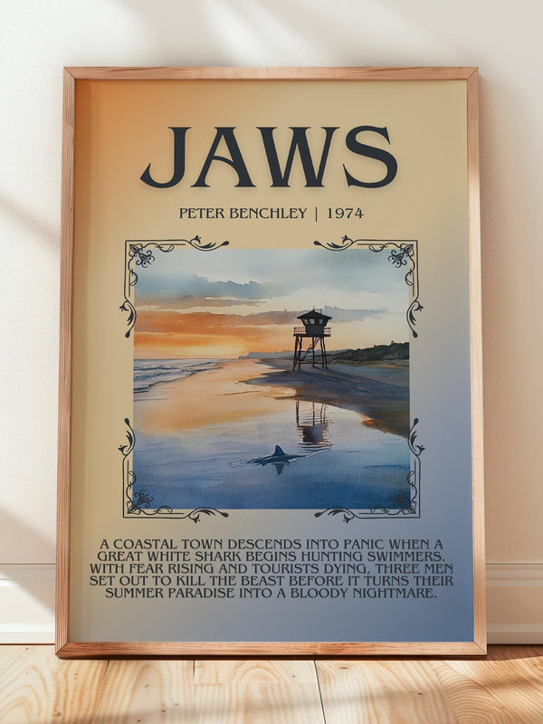 Jaws minimalist print in frame leaning in hallway – thriller wall art