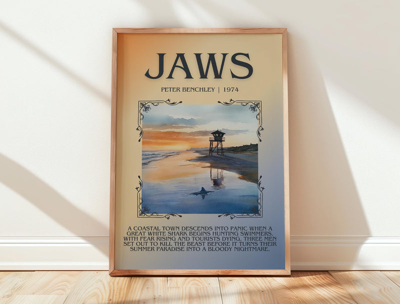 Jaws minimalist print in frame leaning in hallway – thriller wall art
