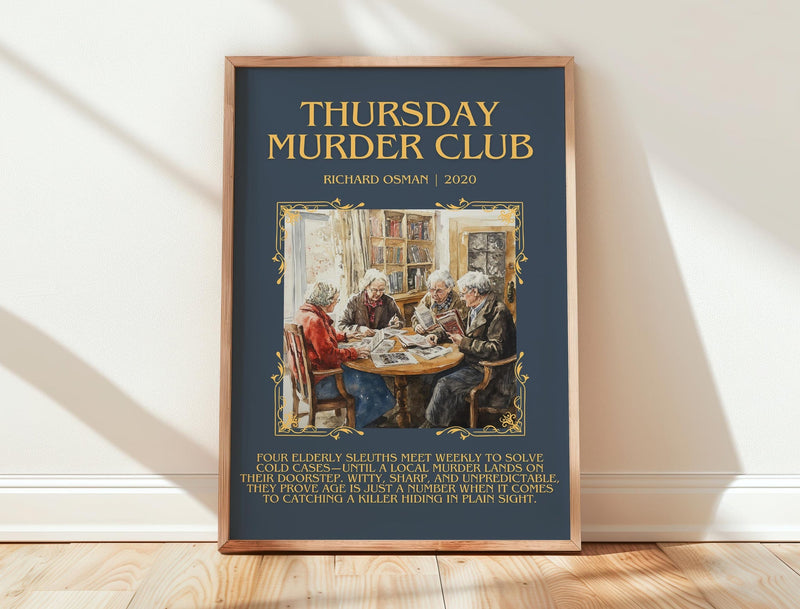 Thursday Murder Club minimalist print in frame leaning in hallway – crime wall art