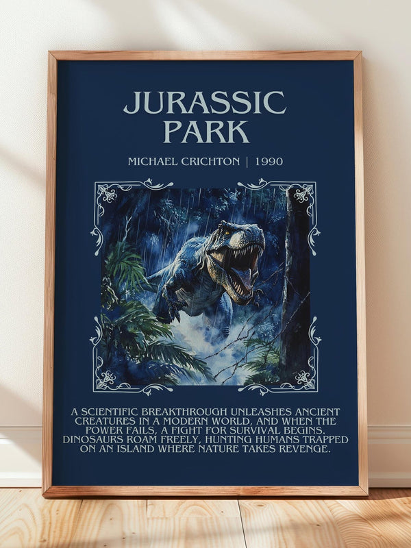 Jurassic Park minimalist print in frame leaning in hallway – sci fi wall art