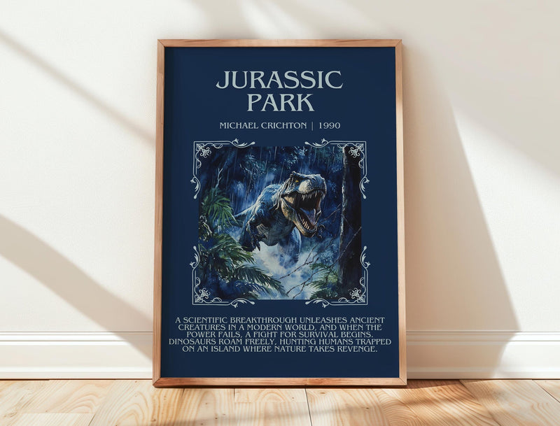 Jurassic Park minimalist print in frame leaning in hallway – sci fi wall art
