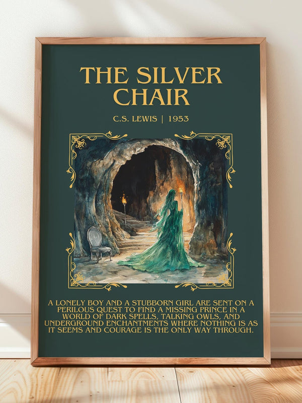 The Silver Chair minimalist print in frame leaning in hallway – childrens wall art