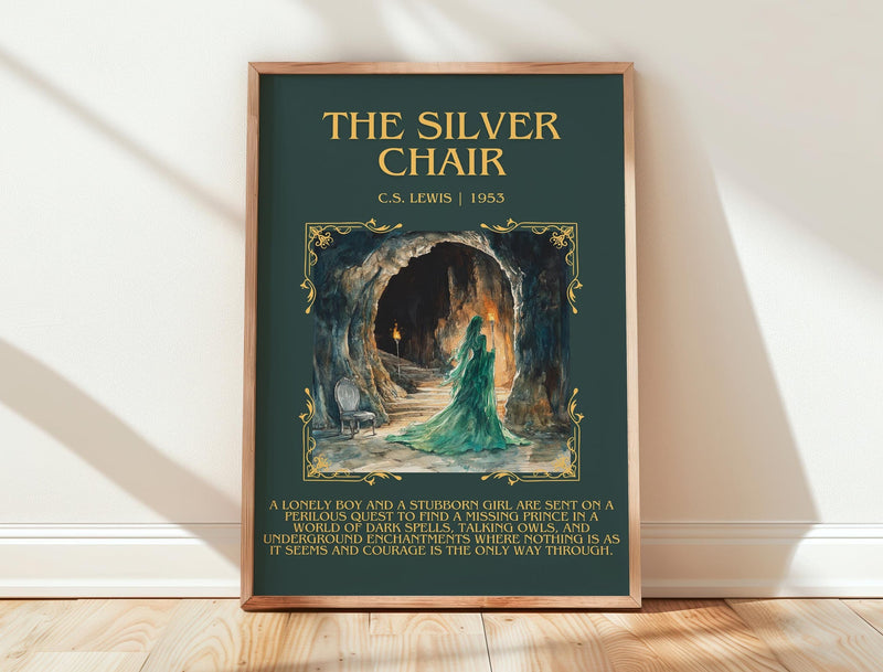 The Silver Chair minimalist print in frame leaning in hallway – childrens wall art