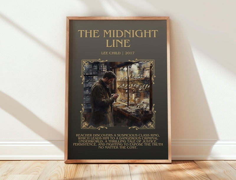 The Midnight Line minimalist print in frame leaning in hallway – thriller wall art