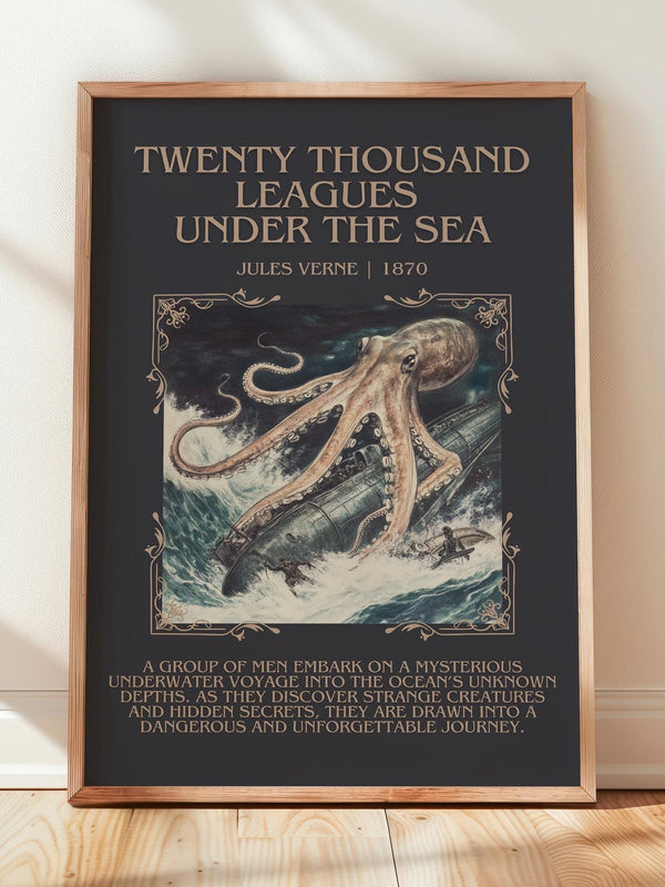 Twenty Thousand Leagues Under the Sea minimalist print in frame leaning in hallway – adventure wall art