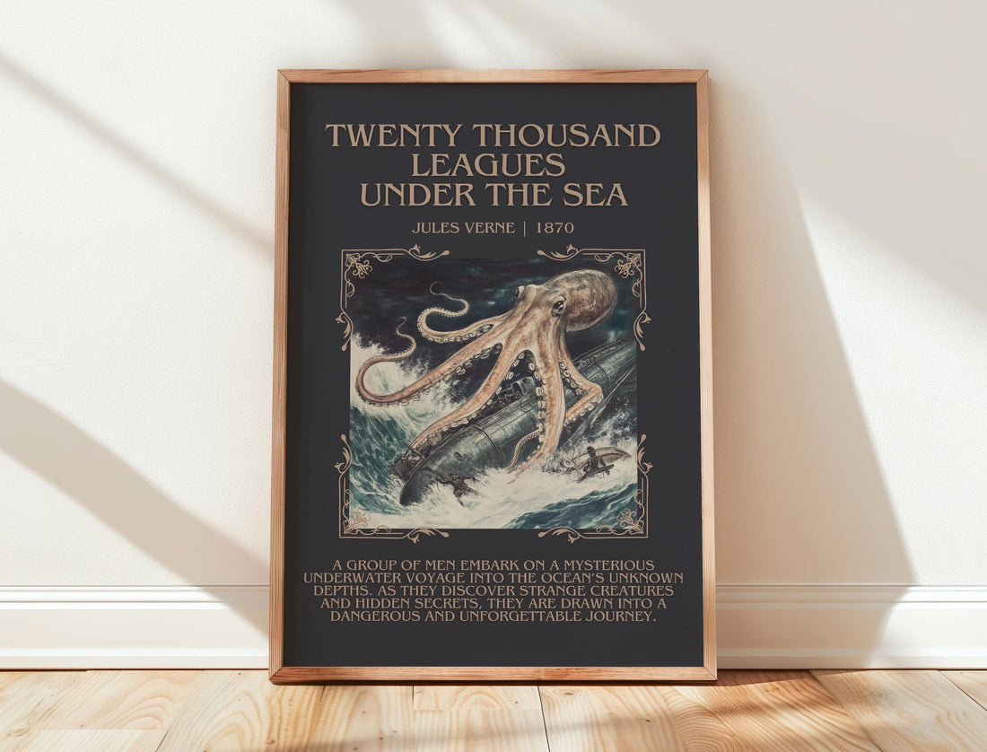 Twenty Thousand Leagues Under the Sea minimalist print in frame leaning in hallway – adventure wall art (mockup)