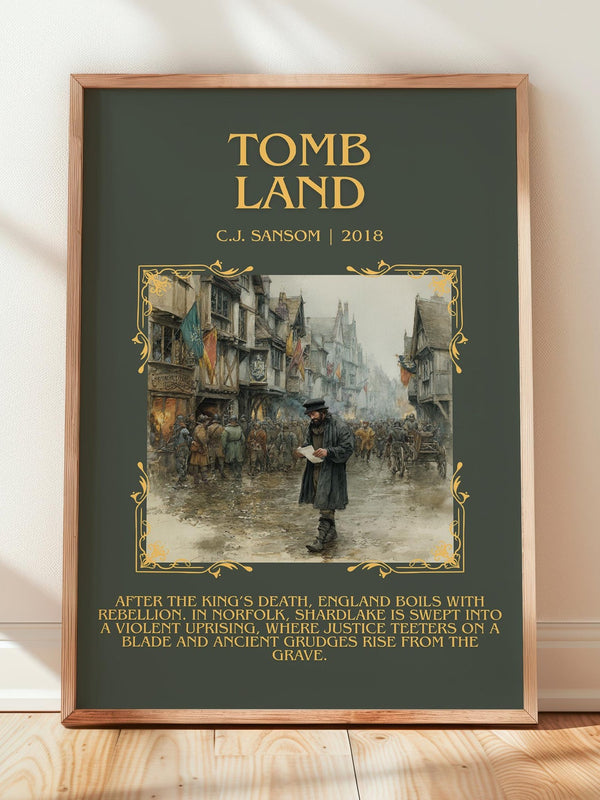 Tombland minimalist print in frame leaning in hallway – historical fiction wall art