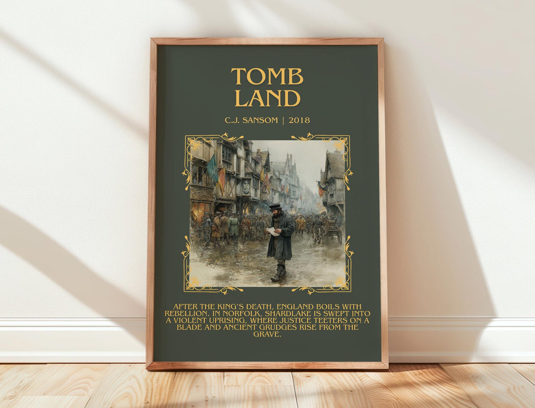 Tombland minimalist print in frame leaning in hallway – historical fiction wall art (mockup)