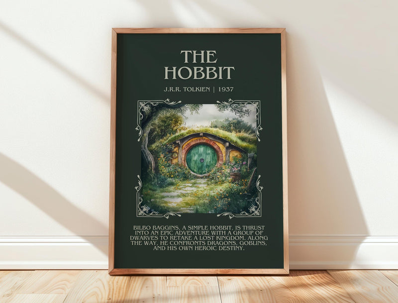 The Hobbit minimalist print in frame leaning in hallway – fantasy wall art