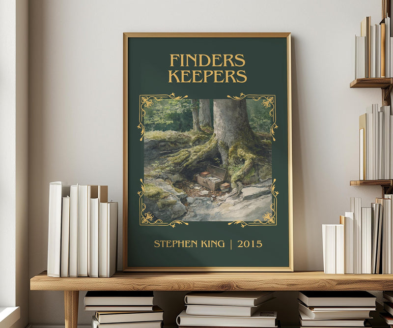 Finders Keepers classic book art print in frame leaning in hallway – thriller wall art