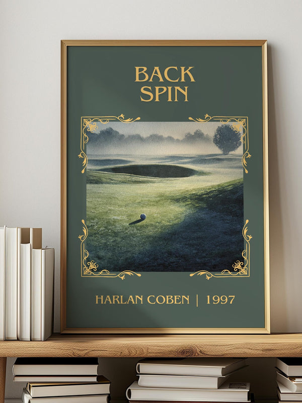 Back Spin classic book art print in frame leaning in hallway – thriller wall art