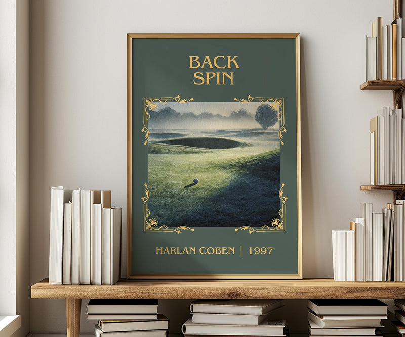 Back Spin classic book art print in frame leaning in hallway – thriller wall art