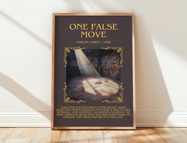 One False Move minimalist print in frame leaning in hallway – thriller wall art