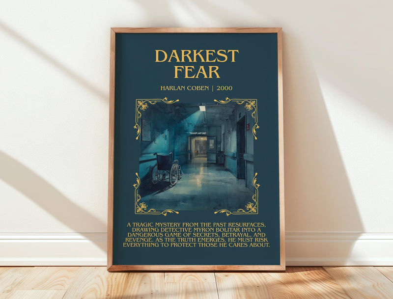Darkest Fear minimalist print in frame leaning in hallway – thriller wall art
