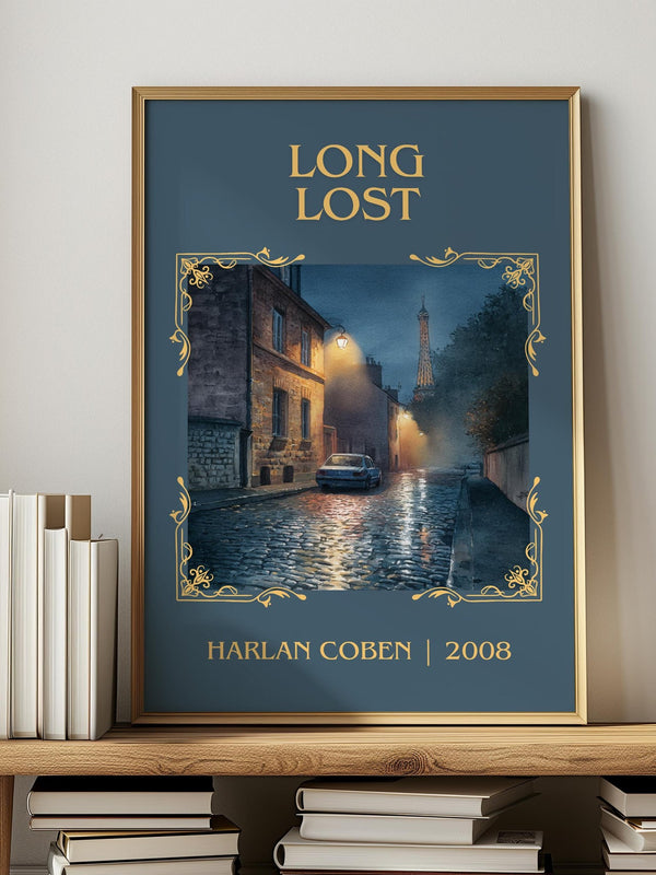 Long Lost classic book art print in frame leaning in hallway – thriller wall art