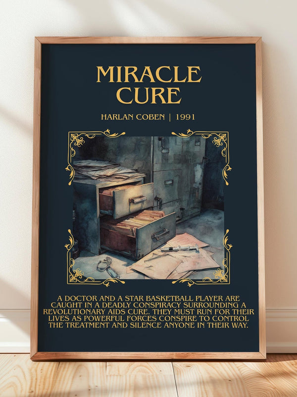 Miracle Cure minimalist print in frame leaning in hallway – thriller wall art