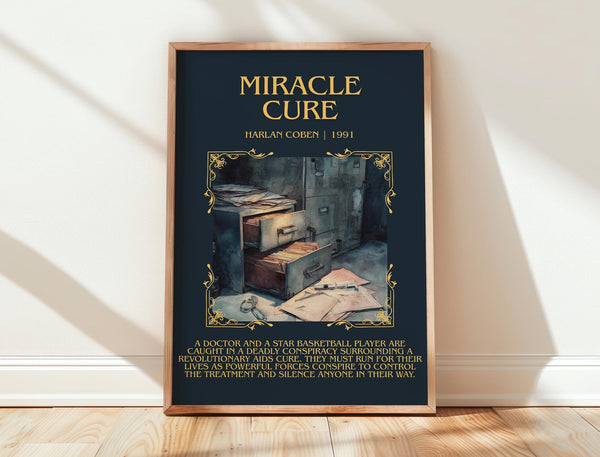Miracle Cure minimalist print in frame leaning in hallway – thriller wall art