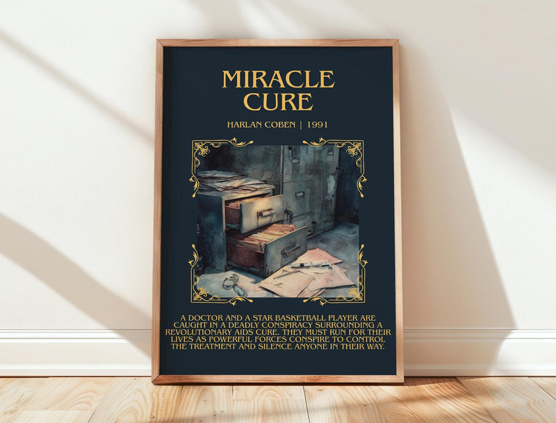 Miracle Cure minimalist print in frame leaning in hallway – thriller wall art