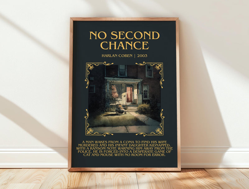 No Second Chance minimalist print in frame leaning in hallway – thriller wall art