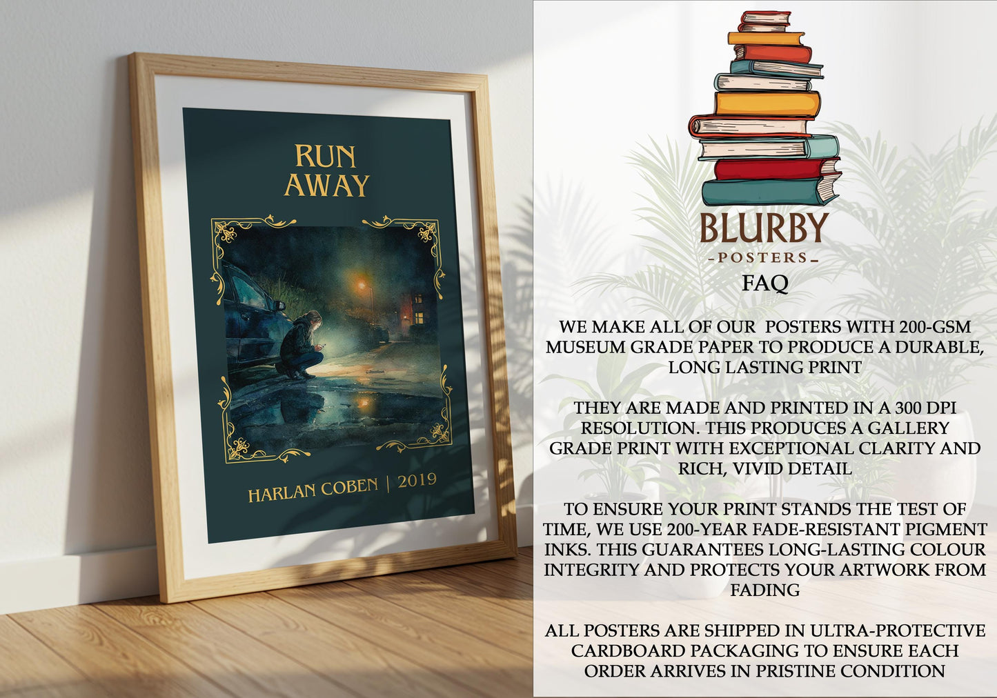Run Away by Harlan Coben Descriptive Poster Print. Free Delivery Wall Art Author & Blurb Book Artwork