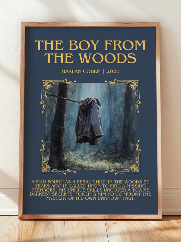 The Boy from the Woods minimalist print in frame leaning in hallway – thriller wall art