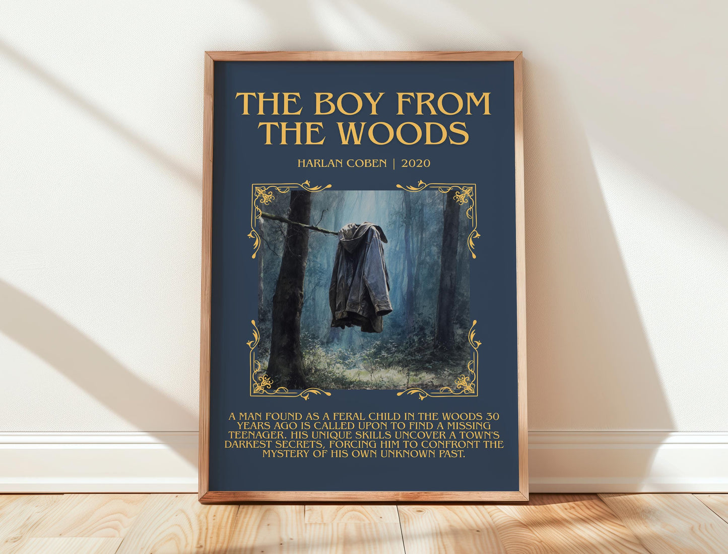 The Boy from the Woods minimalist print in frame leaning in hallway – thriller wall art