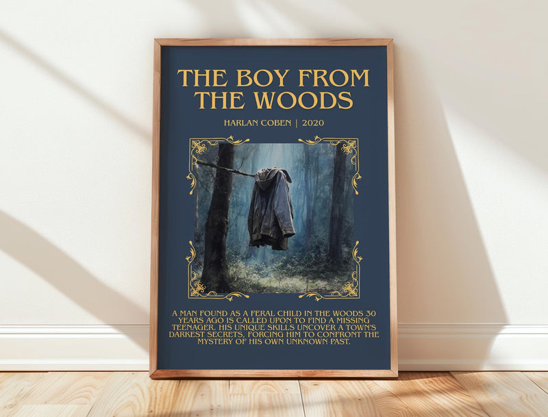 The Boy from the Woods minimalist print in frame leaning in hallway – thriller wall art