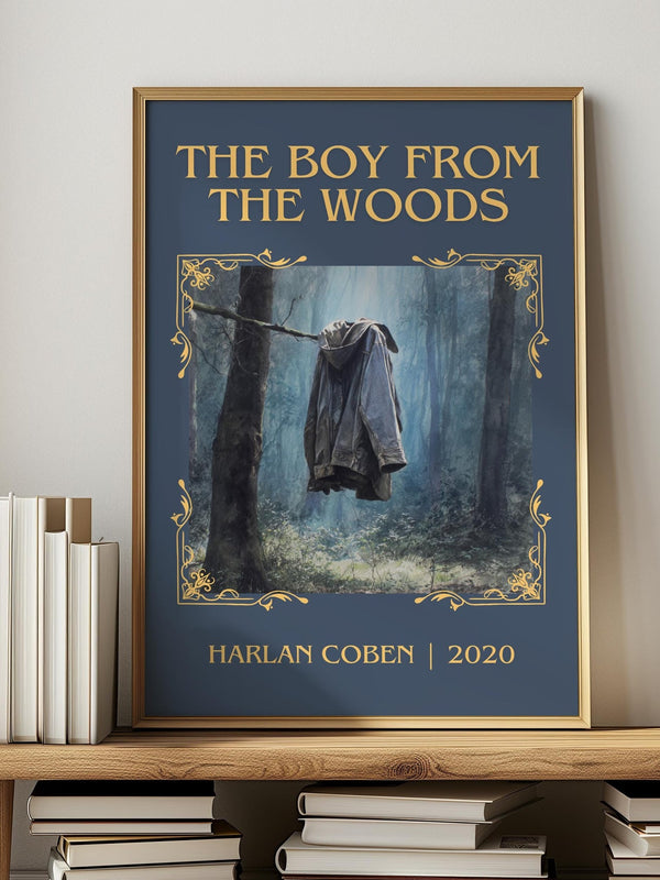 The Boy from the Woods classic book art print in frame leaning in hallway – thriller wall art