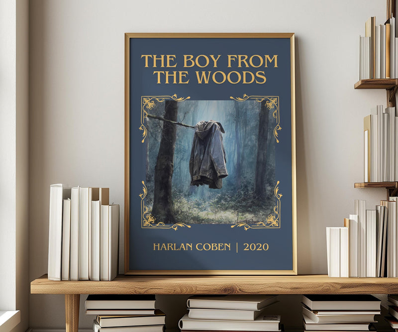 The Boy from the Woods classic book art print in frame leaning in hallway – thriller wall art