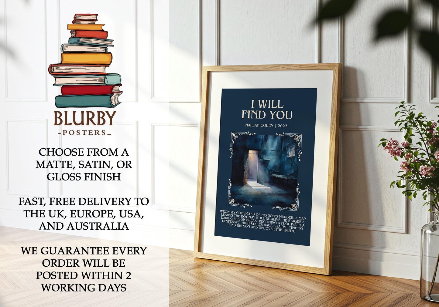 I Will Find You by Harlan Coben Descriptive Poster Print. Free Delivery Wall Art Author & Blurb Book Artwork