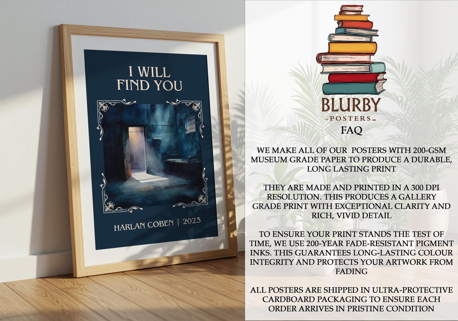 I Will Find You by Harlan Coben Descriptive Poster Print. Free Delivery Wall Art Author & Blurb Book Artwork