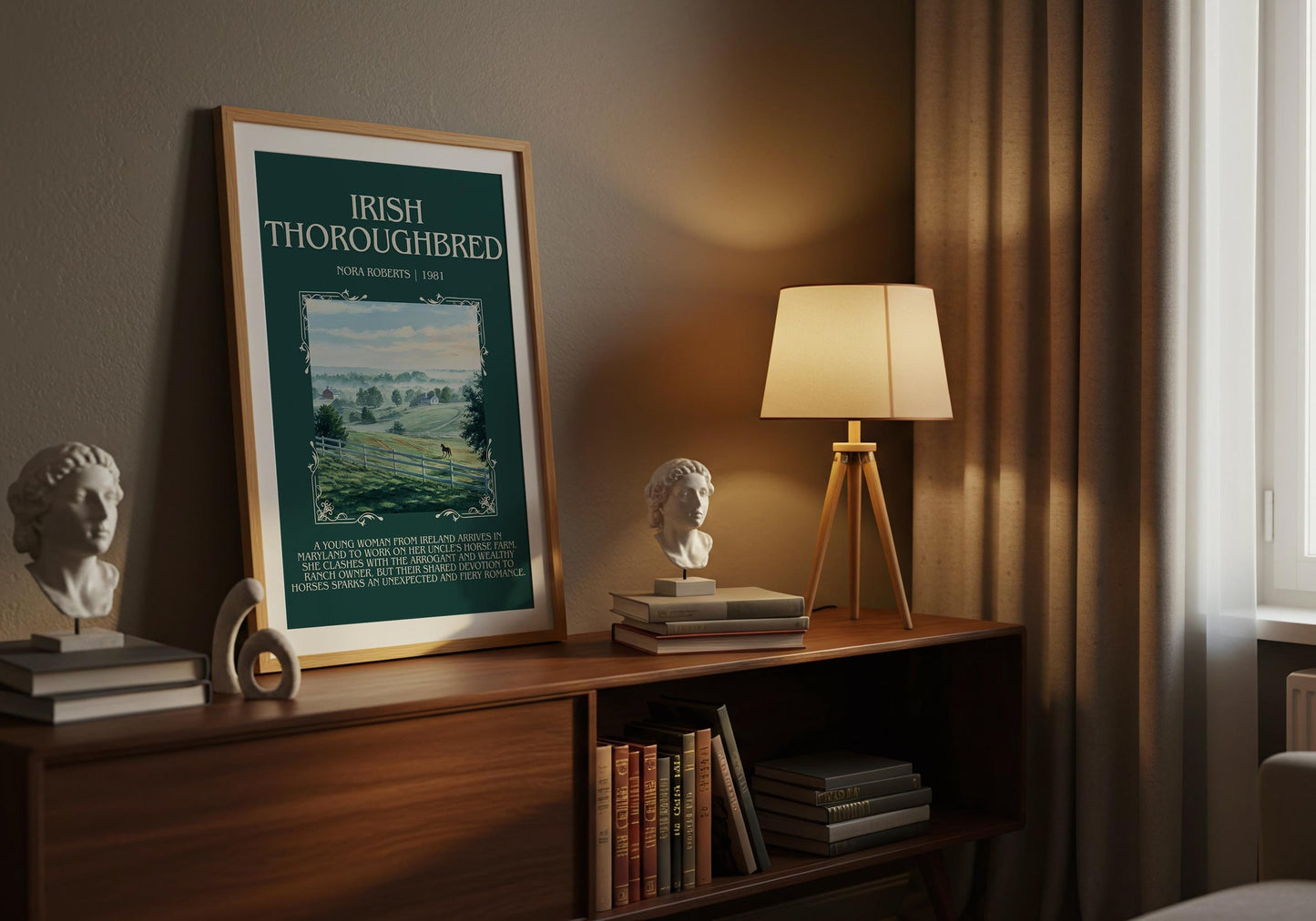 Irish Thoroughbred minimalist print on bookshelf – Nora Roberts fan gift