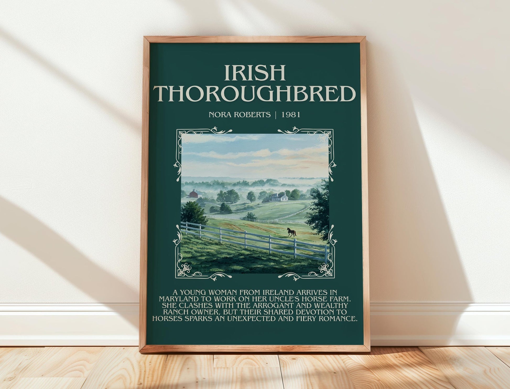 Irish Thoroughbred minimalist print in frame leaning in hallway – romance wall art