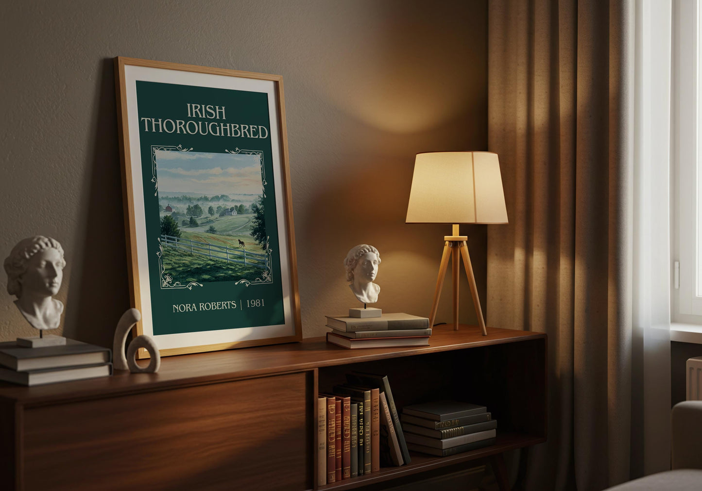 Irish Thoroughbred classic book art print on bookshelf – Nora Roberts fan gift