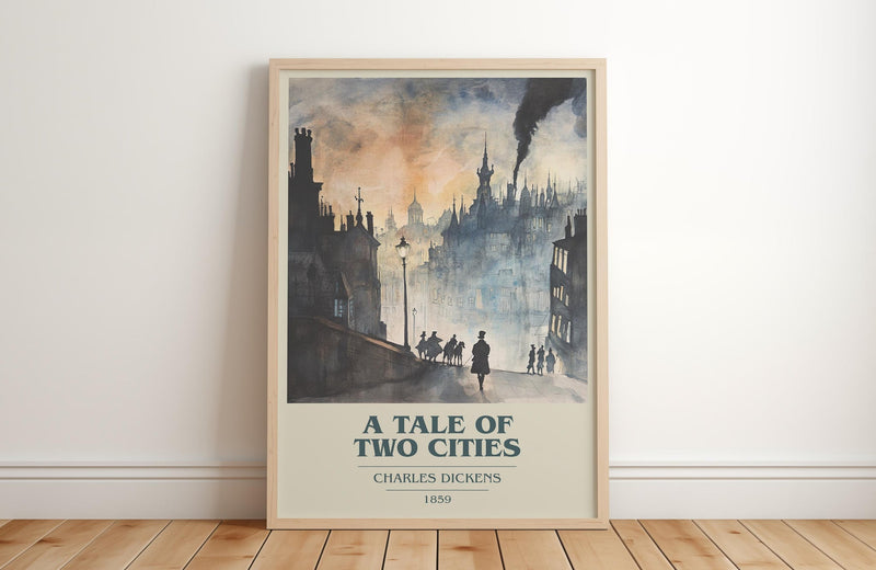 A Tale of Two Cities book cover print in frame leaning in hallway – historical fiction wall art