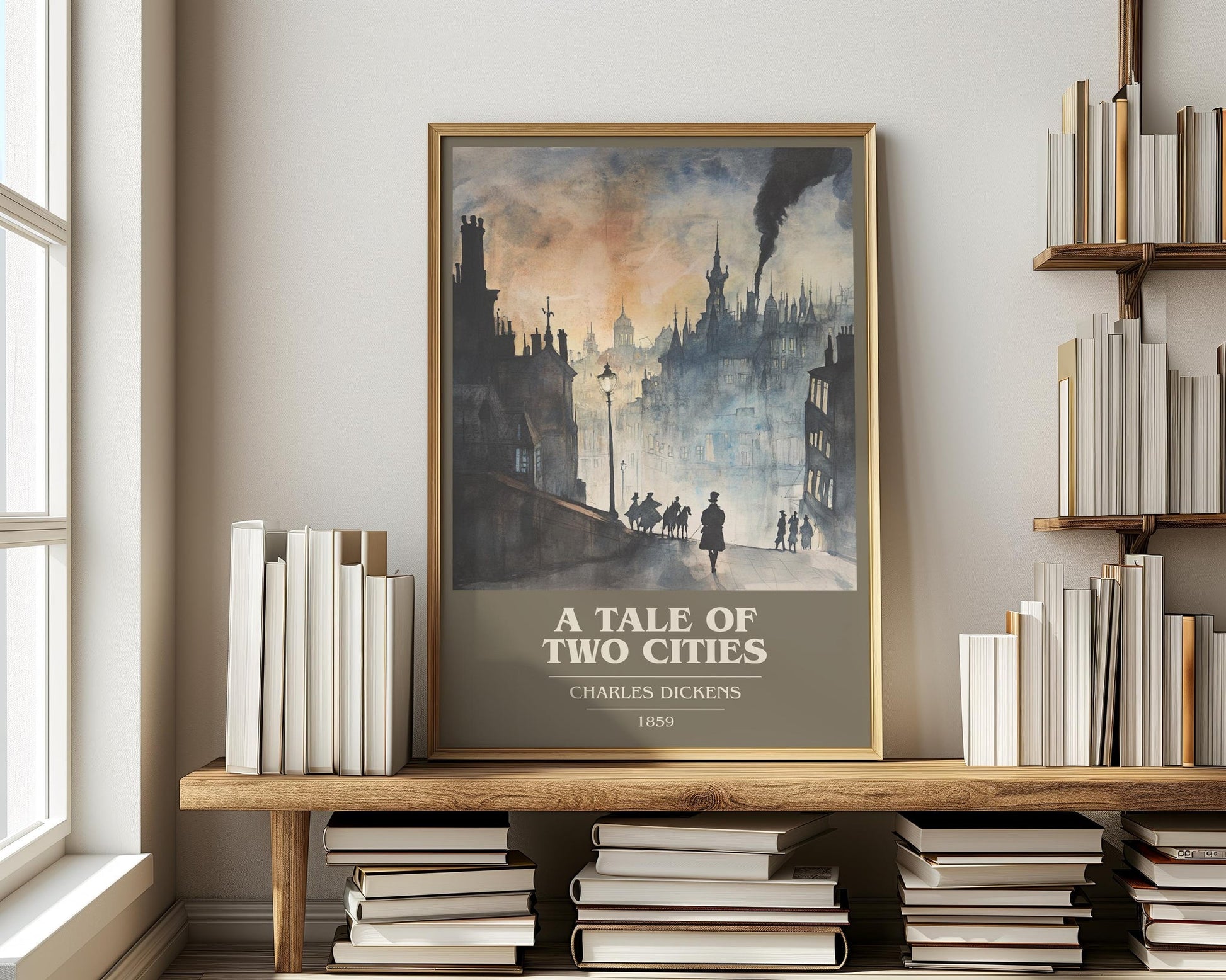 A Tale of Two Cities book cover print on bookshelf – Charles Dickens fan gift