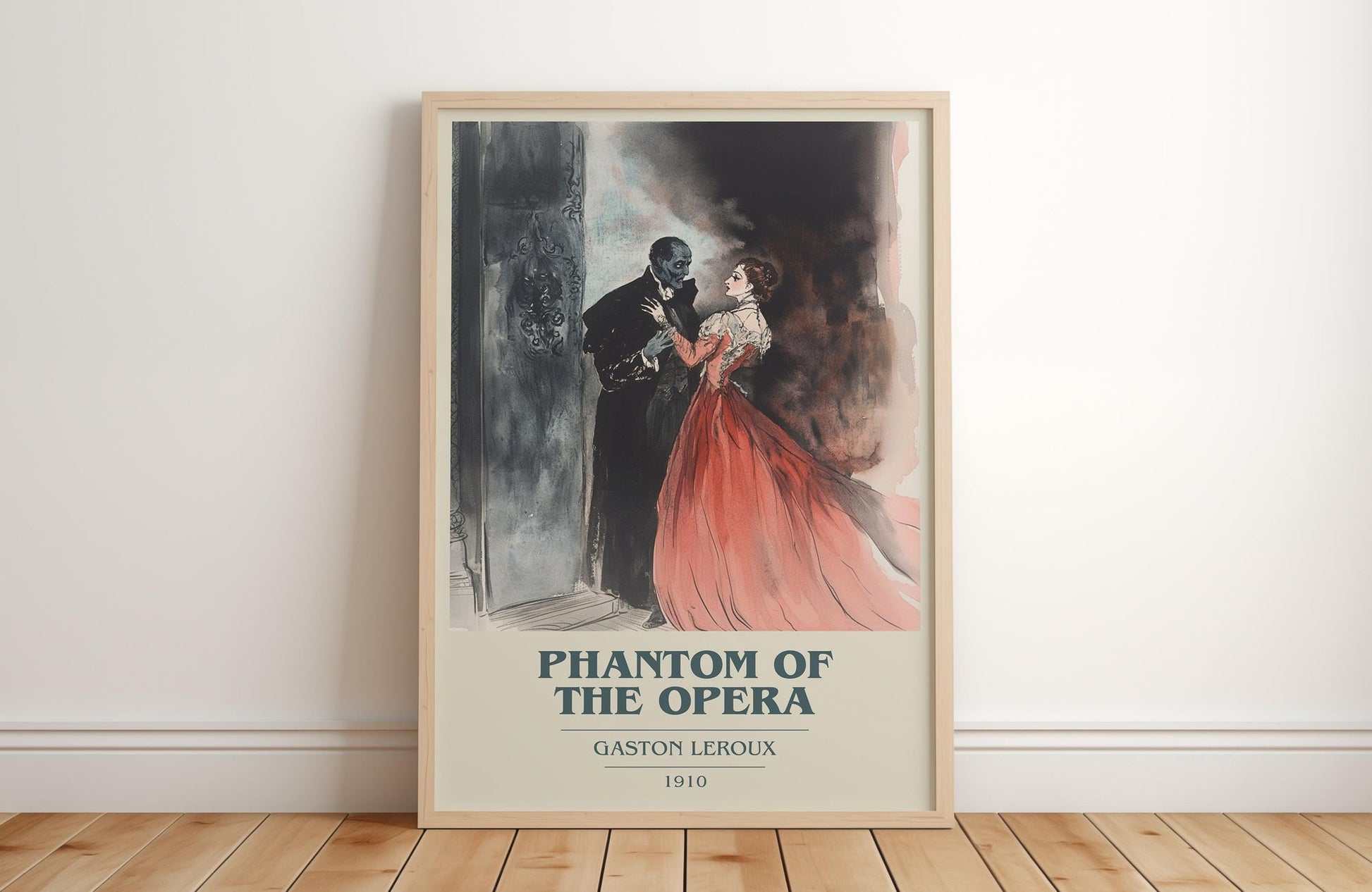 The Phantom of the Opera book cover print in frame leaning in hallway – gothic wall art