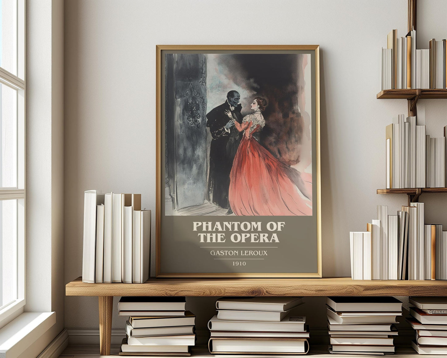 The Phantom of the Opera book cover print on bookshelf – Gaston Leroux fan gift