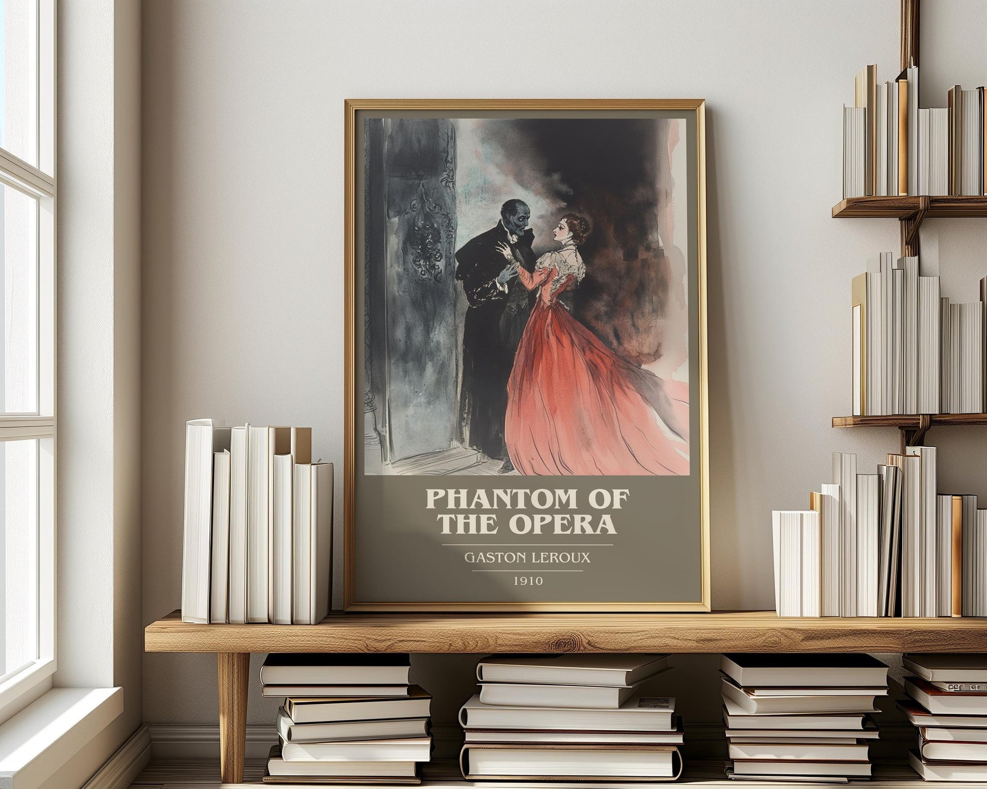 The Phantom of the Opera book cover print on bookshelf – Gaston Leroux fan gift