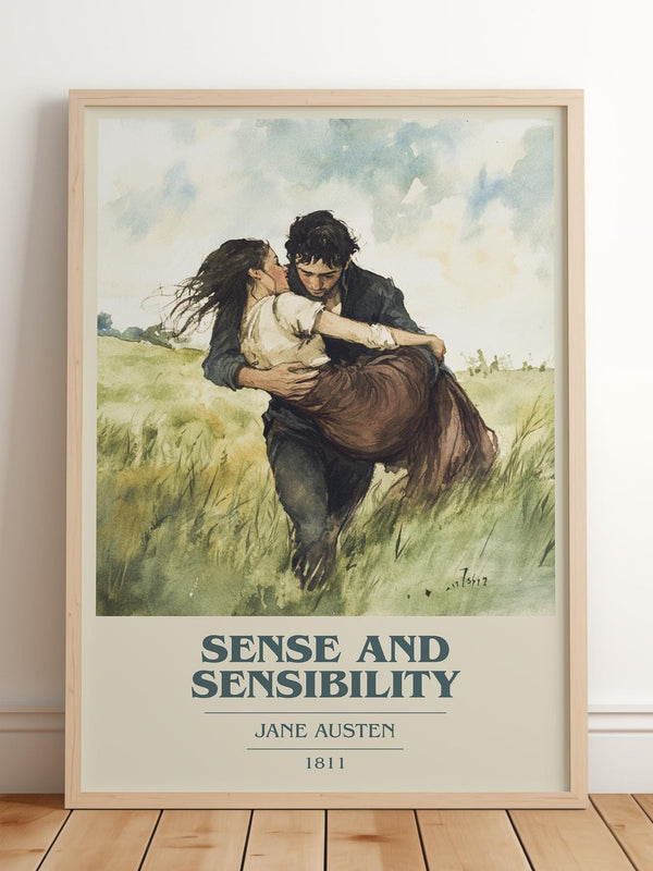 Sense and Sensibility book cover print in frame leaning in hallway – classic literature wall art