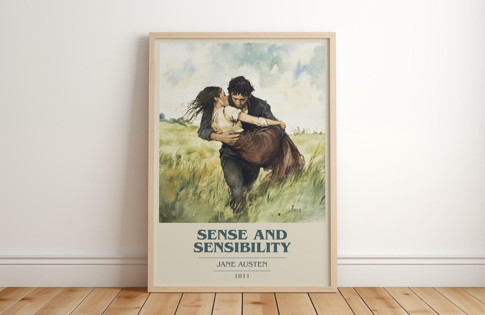 Sense and Sensibility book cover print in frame leaning in hallway – classic literature wall art