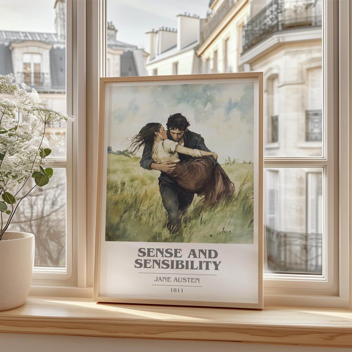 Sense and Sensibility book cover print framed by window – literary home decor