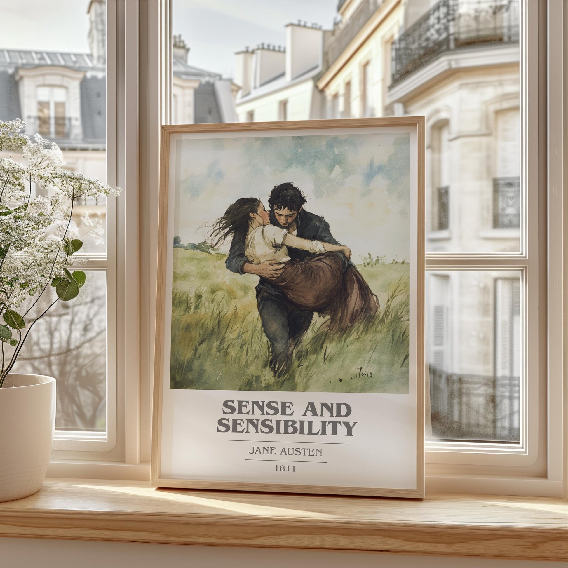 Sense and Sensibility book cover print framed by window – literary home decor