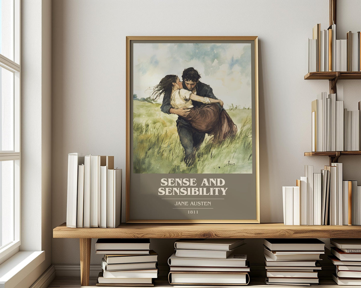 Sense and Sensibility book cover print on bookshelf – Jane Austen fan gift