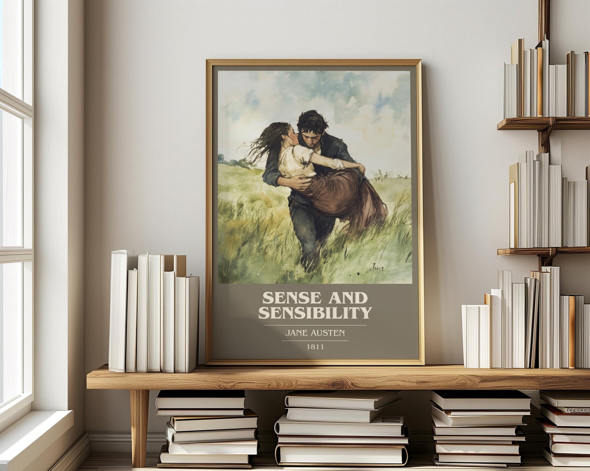 Sense and Sensibility book cover print on bookshelf – Jane Austen fan gift