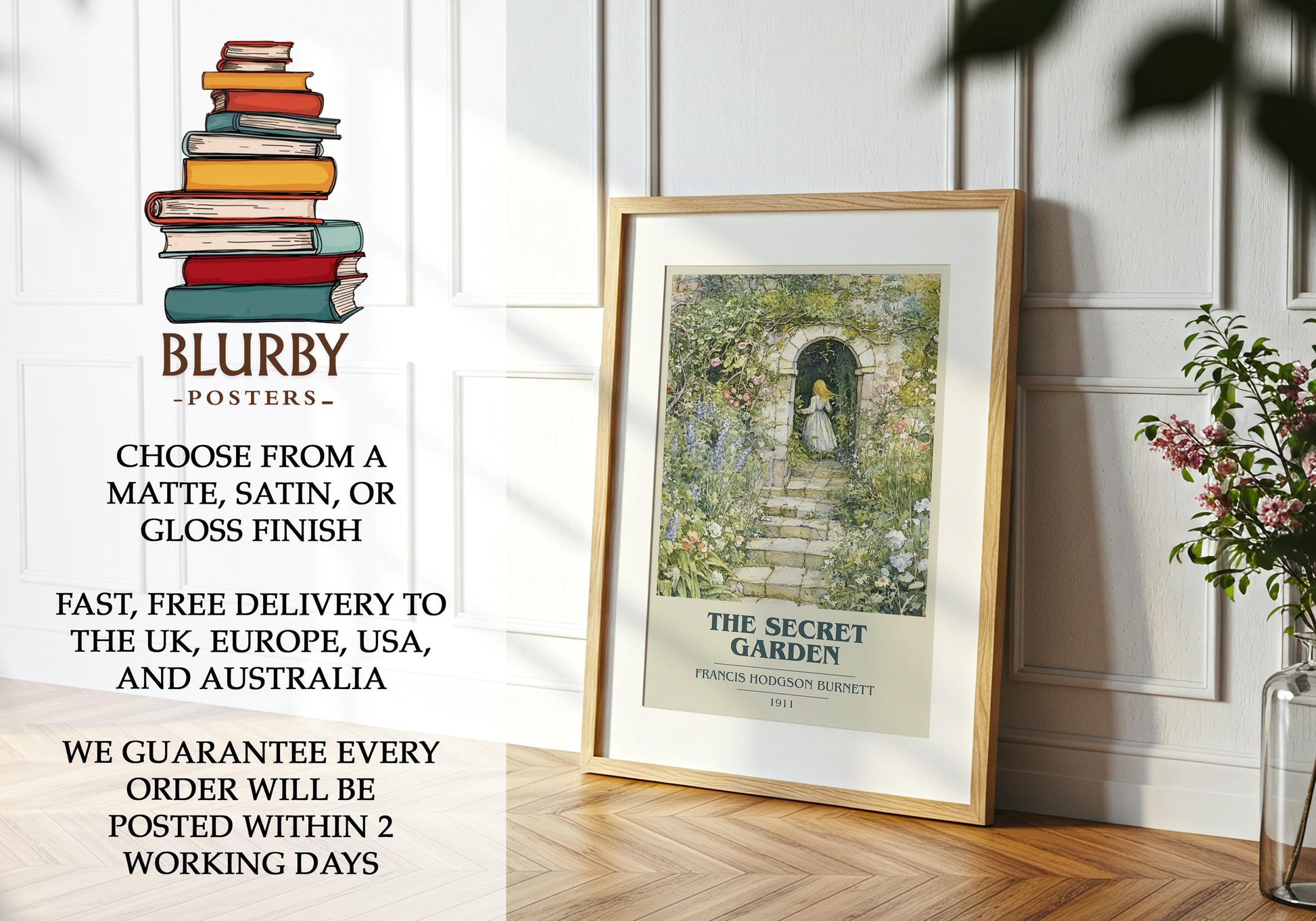 The Secret Garden by Frances Hodgson Burnett Descriptive Poster Print. Free Delivery Wall Art Author & Blurb Book Artwork Novel