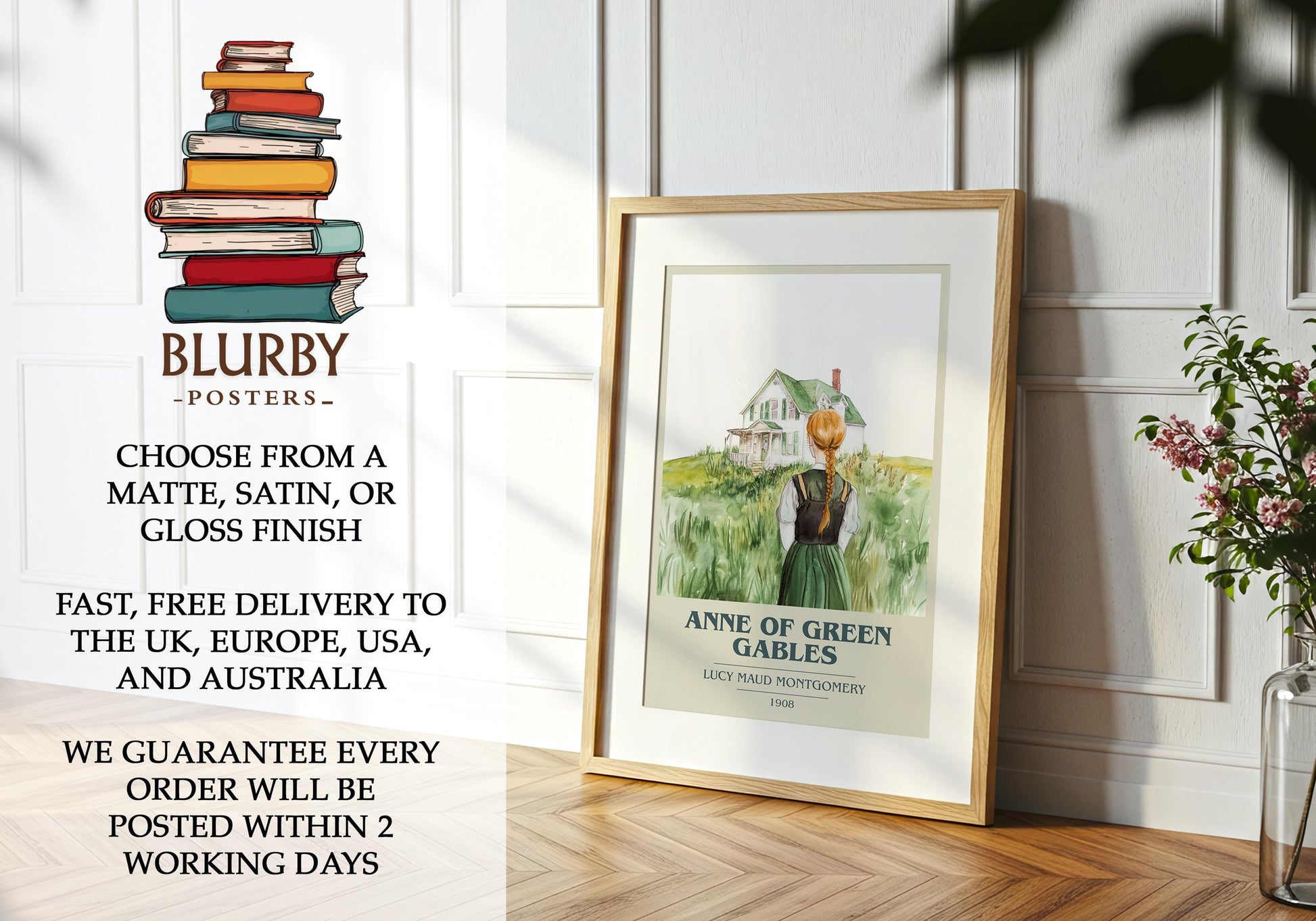 Anne of Green Gables by Lucy Maud Montgomery Descriptive Poster Print. Free Delivery Wall Art Author & Blurb Book Artwork Novel
