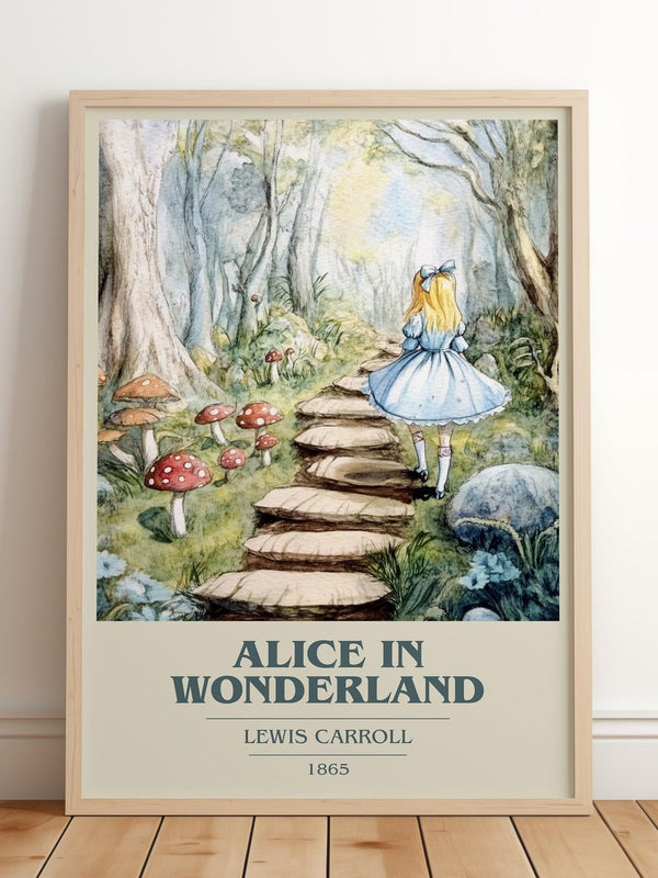 Alice's Adventures in Wonderland book cover print in frame leaning in hallway – childrens wall art