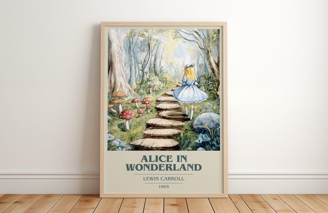 Alice's Adventures in Wonderland book cover print in frame leaning in hallway – childrens wall art (mockup)