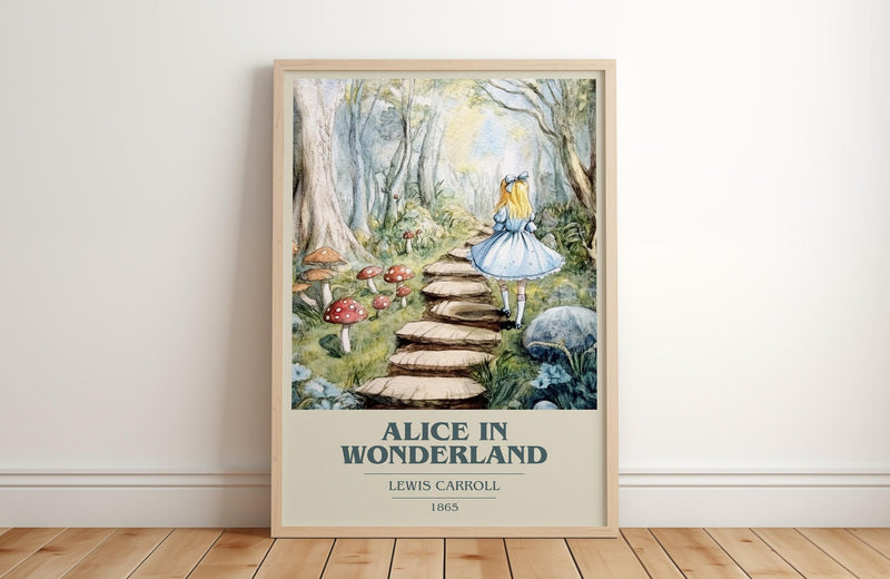Alice's Adventures in Wonderland book cover print in frame leaning in hallway – childrens wall art